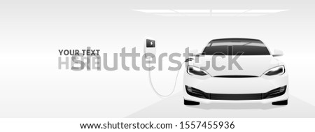 White electric car with a charging station. Vector banner template 