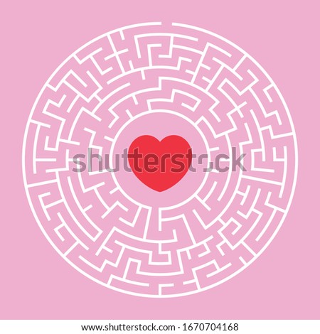 Circle Maze. Find the Way Out Concept. Game for kids. Children's puzzle. Labyrinth conundrum. Simple flat illustration on pink background with a heart. With place for your image.