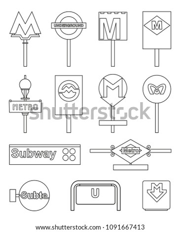 Metro signs in the cities of the world set.  Vector illustration isolated on white background.