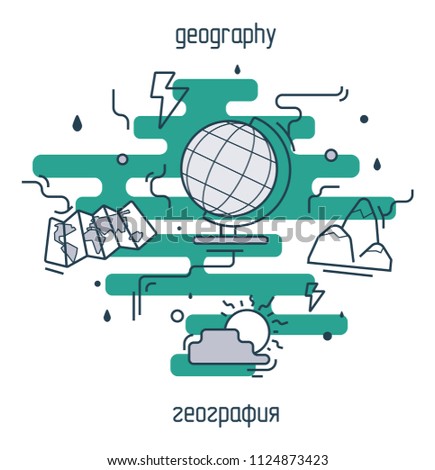 Geography linear illustration set. Modern color thin line concept of geography for school, university and training. Vector illustration with different elements on the subject geography