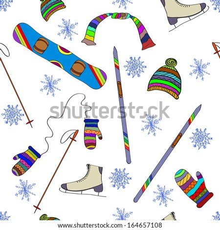 Winter Sketch Vector Seamless Pattern With Hat, Mittens, Snowboard ...