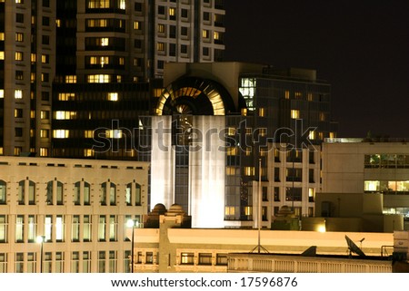Night time. Downtown in San Francisco. Modern buildings.