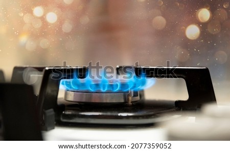 Close up shot of blue fire from domestic kitchen stove top. Gas cooker with burning flames of propane gas. Gas supply chain and news. Global gas crisis and price rise. 商業照片 © 
