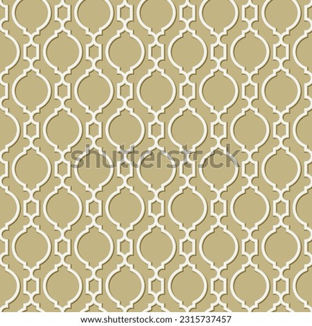 3D seamless vector. Wall paper pattern background. Cross-curved cage pattern around gold floor
