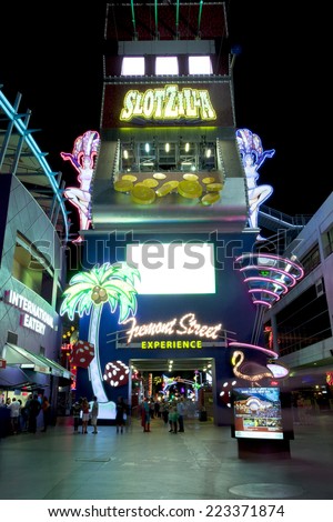 Las Vegas, Nevada, USA - Sept 24, 2014: Slotzilla. It\'s a 12-story slot machine at the east side of the Fremont Street Experience that offers 2 zip-line Las Vegas, Nevada, USA on Sept 24, 2014 .