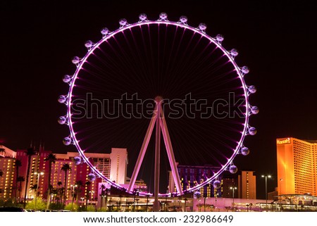 Las Vegas, Nevada, USA - Sept. 25, 2014: Night picture of The High Roller Ferris Wheel in Las Vegas stands tall 550-foot and has a diameter of 520-foot in Las Vegas, Nevada, USA on Sept. 25, 2014