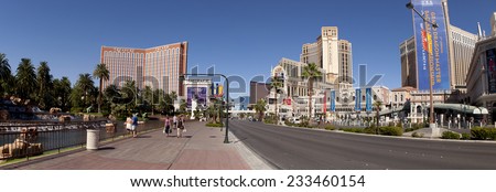 Las Vegas, Nevada, USA - Sept. 22, 2014: A panoramic view along Las Vegas Blvd showing some of the famous landmark hotels and casinos in Las Vegas, Nevada, USA on Sept. 22, 2014