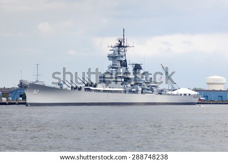 Camden, New Jersey, USA - June 14, 2015: Battleship New Jerseys an Iowa-class battleship is now a museum ship (Oct 15, 2001) along the Delaware River waterfront in Camden, New Jersey on June 14, 2015