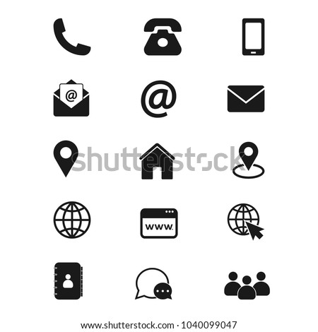 Contact us icons. Simple vector icons set on white background. Phone, smartphone, email, location, house, globe, address, chat.