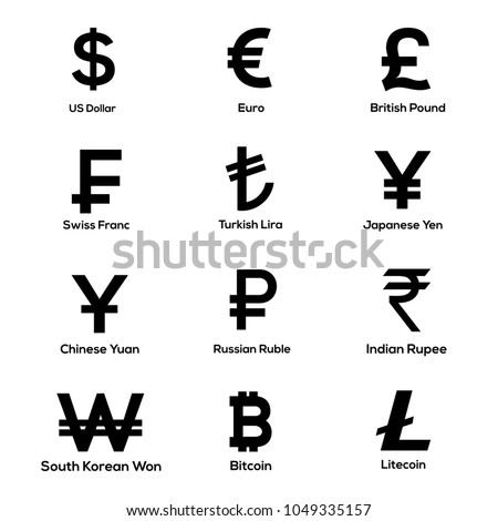 Currencies symbol icons set. Dollar, Euro, Pound, Swiss Franc, Lira, Yen, Yuan, Ruble, Indian Rupee, South Korean Won, Bitcoin Litecoin. Vector