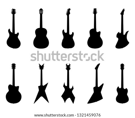 Set of Guitar Silhouettes, Electric Guitars, Acoustic Guitars, Jazz Guitar, Rock Guitar, Musical Instrument - Vector