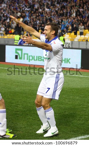 KYIV, UKRAINE - APRIL 14: Andriy Shevchenko of Dynamo Kyiv (R) reacts after he scored a goal during Ukraine Championship game against Vorskla Poltava on April 14, 2012 in Kyiv, Ukraine