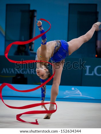 KYIV, UKRAINE - AUGUST 29: Ganna Rizatdinova of Ukraine performs during 32nd Rhythmic Gymnastics World Championship on August 29, 2013 in Kyiv, Ukraine