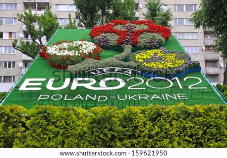 LVIV, UKRAINE - 9 JUNE: Logo of UEFA EURO 2012 tournament made from flowers on the street of Lviv city on 9 June, 2012 in Lviv, Ukraine