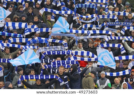 KYIV, UKRAINE - MARCH 13: Dynamo Kiev football team supporters show their support during Ukraine Championship game against Vorskla Poltava on March 13, 2010 in Kyiv, Ukraine