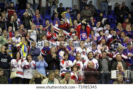 KYIV, UKRAINE - APRIL 23: Britain fans celebrate during IIHF Ice-hockey World Championship DIV I Group B game against Poland on April 23, 2011 in Kyiv