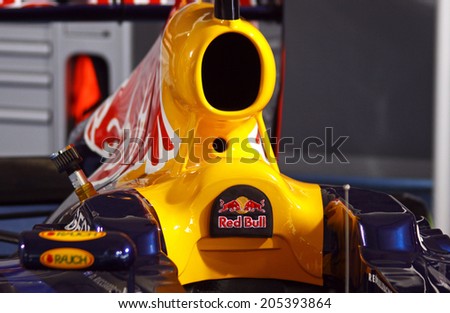 KYIV, UKRAINE - MAY 19, 2012: Details of Red Bull RB7 racing car during Red Bull Champions Parade on the streets of Kyiv city