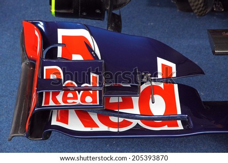KYIV, UKRAINE - MAY 19, 2012: Details of Red Bull RB7 racing car during Red Bull Champions Parade on the streets of Kyiv city