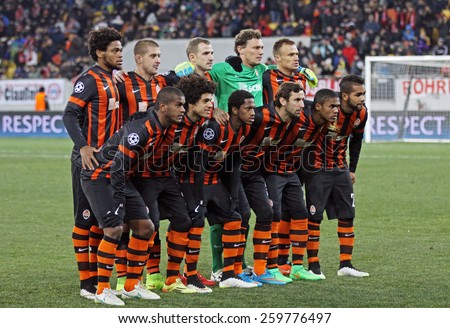 LVIV, UKRAINE - FEBRUARY 17, 2015: FC Shakhtar Donetsk players pose for a group photo before UEFA Champions League game against FC Bayern Munich at Arena Lviv stadium