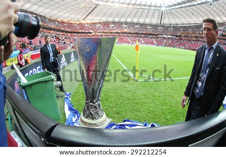 WARSAW, POLAND - MAY 27, 2015: UEFA Europe Laegue Trophy (Cup) presents before the final game between Dnipro and Sevilla at Warsaw National Stadium