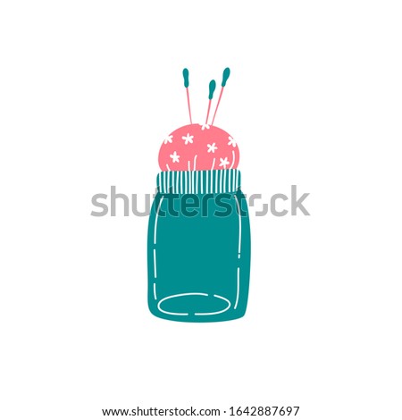 Pincushion isolated on white background. Cute hand drawn flat vector illustration. Sewing accessories, tailor shop decorative element, hand made, seamstress, atelier concept. For logo, label, design.