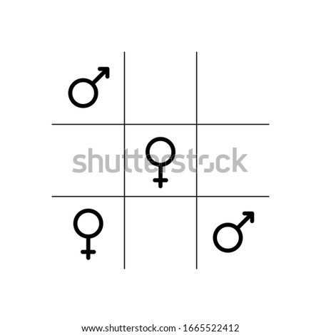 Editable stroke Mars and Venus. Tic tac toe game with gender symbols in linear style isolated on white background. Gender equality concept for web, article, card, poster, social media, design. 