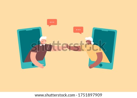 Old age man and woman chatting, speaking via smartphone, mobile device. Online meeting, video call concept. Flat vector illustration in cartoon style.