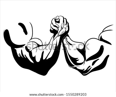 Arm wrestling, fight, combat. Victory, sketch, figure image. vector illustration black on white