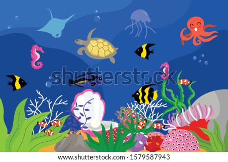 illustration underwater landscape with turtle, variant fish, clownfish, octopus