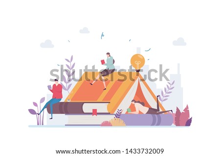Book Lover Vector Illustration Concept Showing a group of book lover killing time relaxing in a book shape tent, Suitable for landing page, ui, web, App intro card, editorial, flyer, and banner.