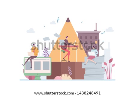 Night Shift Deadline Illustration Concept Showing a creative person working late under a pencil shape lamp light, Suitable for landing page, ui, web, App intro card, editorial, flyer, and banner.