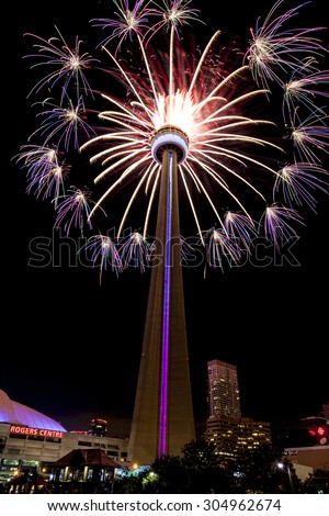 TORONTO - July 26, 2015
Fireworks are launched off the CN Tower as part of the Closing Ceremonies for the Toronto 2015 Pan-Am Games.  The Pan-Am Games are a major international multi-sport event.