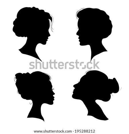 portrait of beautiful girl with a hairstyle, a woman in profile, isolated outline silhouette - vector illustrations set