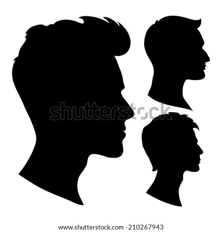 portrait of beautiful man with a hairstyle, in profile, isolated outline silhouette - vector illustrations set