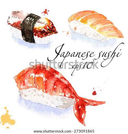 set of beautiful tasty japanese sushi (seafood) - watercolor hand drawn objects isolated on white background - vector illustration