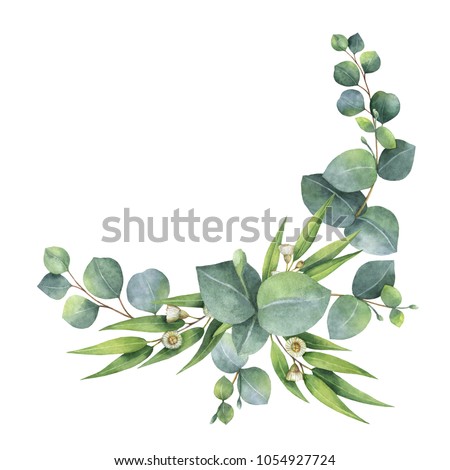 Watercolor hand painted wreath with green eucalyptus leaves and branches. Spring or summer flowers for invitation, wedding or greeting cards.