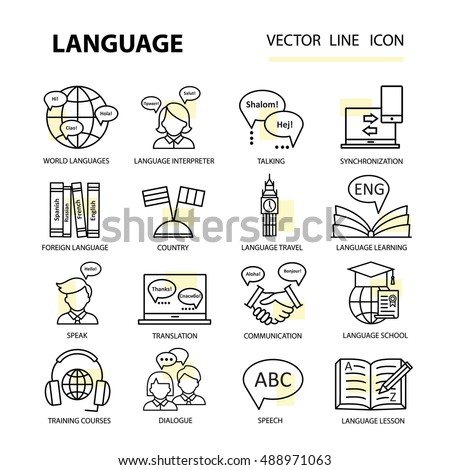 Set of modern linear icons on the topic of learning a foreign language. Vector logos for schools, colleges and universities.