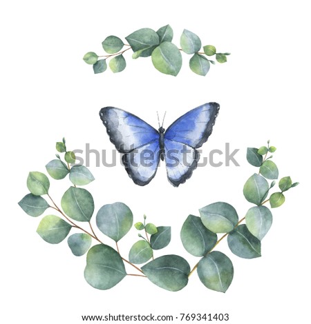 Watercolor hand painted wreath with green eucalyptus leaves and butterfly. Spring or summer flowers for invitation, wedding or greeting cards.