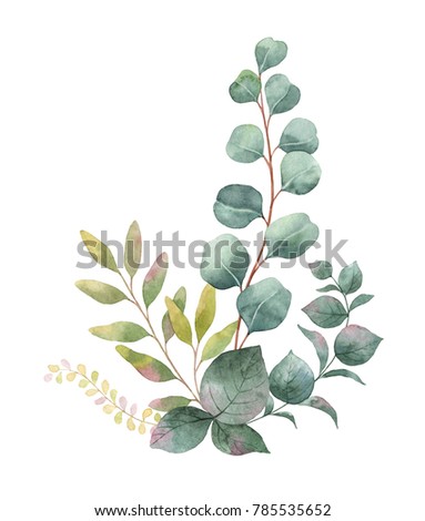 Watercolor hand painted bouquet with green eucalyptus leaves and branches. Spring or summer flowers for invitation, wedding or greeting cards.