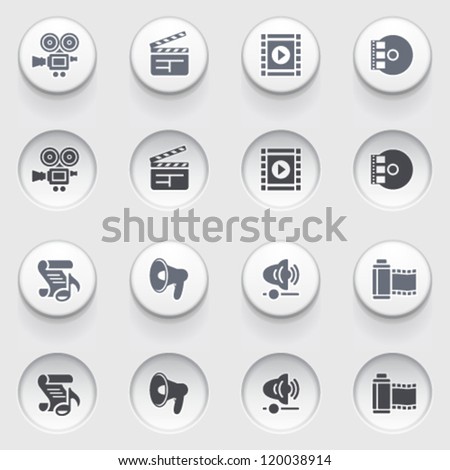 Audio video icons on white buttons. Set 2.