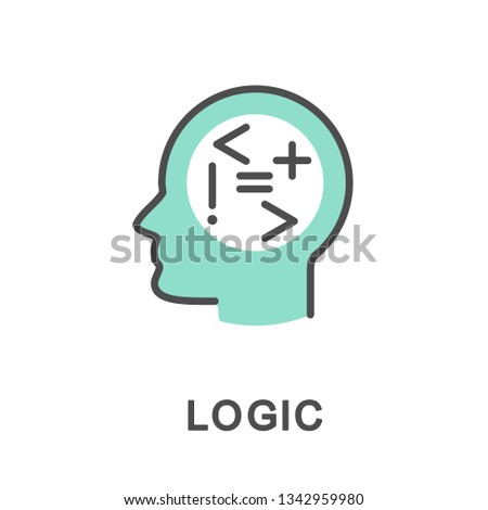 Icon logic. Symbols of logic in the head talk about the ability to reason. The thin contour lines with color fills.