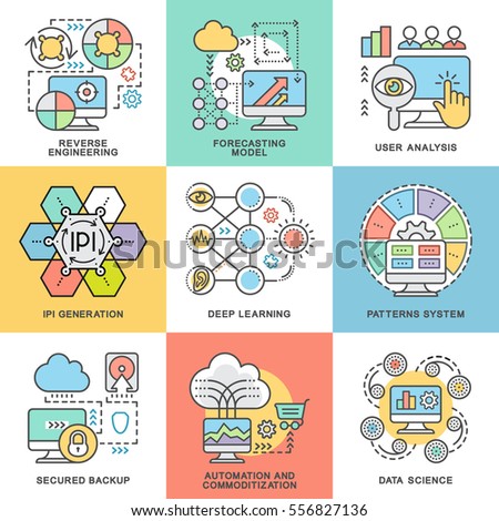 Modern contour icons database processing methods of data.  Data science, programming technology, deep learning algorithm. The thin contour lines with color fills.