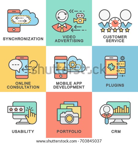 Icons for digital business. Use of cloud services, advertising, data analysis. The thin contour lines with color fills.