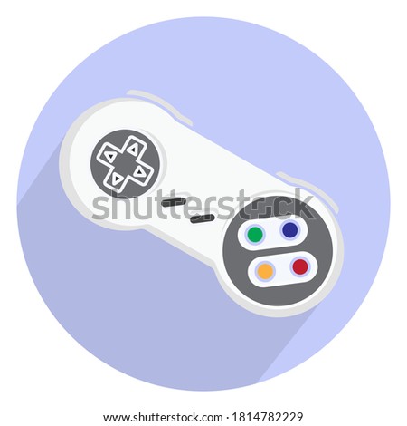 Retro video game controller or classical joystick flat icon isolated on round background