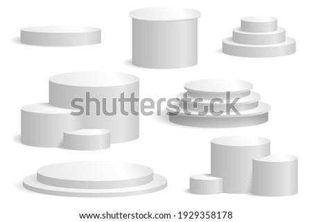 The product is a round and cylindrical podium in one and several tiers. Set of vector podiums for mockups, exhibitions and presentations. Isolated on white, realism style. Stock foto © 