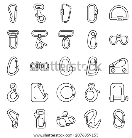 A carabiner for a rope, a clip for a rope, a clasp for jewelry. Equipment for tourists, climbers. A set of vector icons, offline, isolated. Editable stroke.