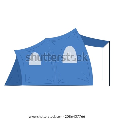 Protective tarpaulin tent for camping. Blue tent with canopy, tourism, outdoor travel, sports. A shelter for sleeping, relaxing.Vector icon, flat, cartoon, isolated