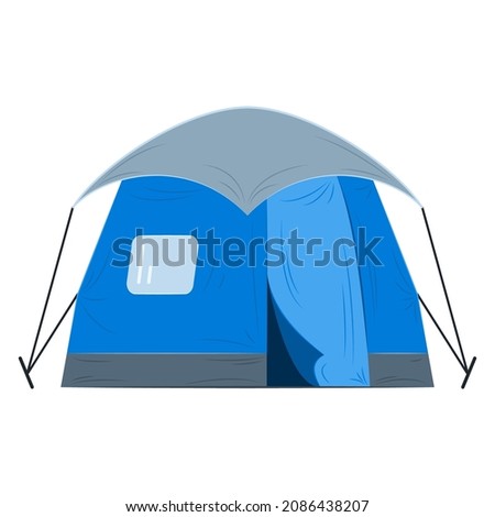 A tourist tent with protection from rain and snow. Tarpaulin blue and gray tent for camping, hiking, traveling outside. Rest and sleep in the forest. Vector icon, flat, cartoon, isolated