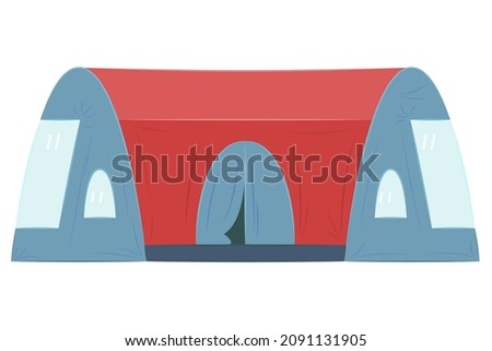 Red grey waterproof tent for many people. Camping, sports, hiking, traveling outside. Tent for rest and sleep, protection from wind, rain. Vector icon, flat, cartoon, isolated