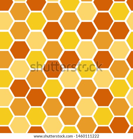 Seamless nature vector pattern. Orange, yellow, brown and beige filled honeycombs isolated on white background. Beekeeping themed illustration. Coloured picture. Perfect for wallpaper or fabric.